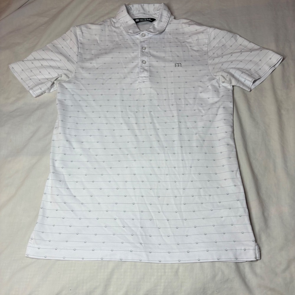TravisMathew Mens Small White Grey Striped Pima Cotton Blend Golf Polo Shirt
